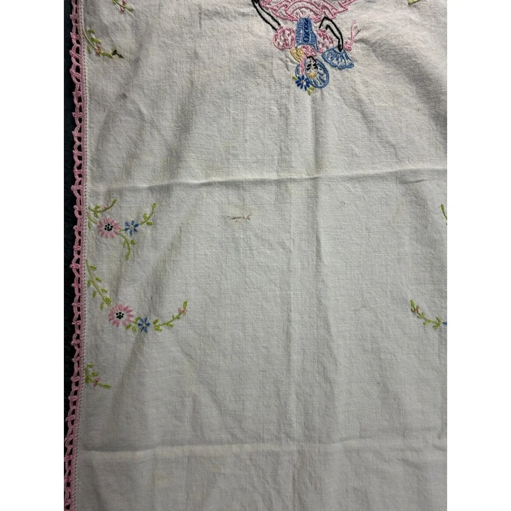 1940's Hand Embroidered Crinoline Lady Table Runner Pink Crochet Lace Trim White